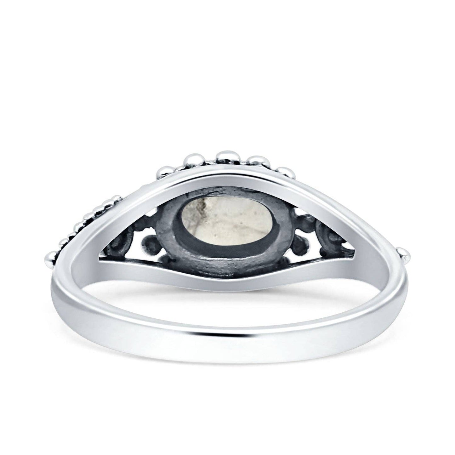 Oval White Buffalo Turquoise Beaded Ring Oxidized