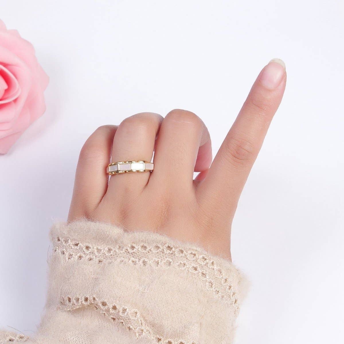 24K Gold Filled Shell Baguette Bar Stacking Adjustable Ring | S-369