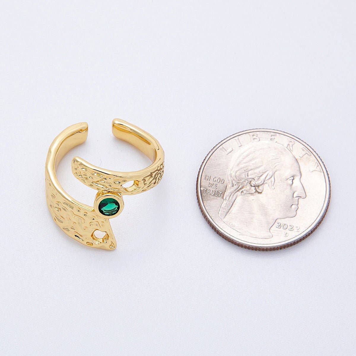 16K Gold Filled Green CZ Geometric Hammered Ring | Rings-00027