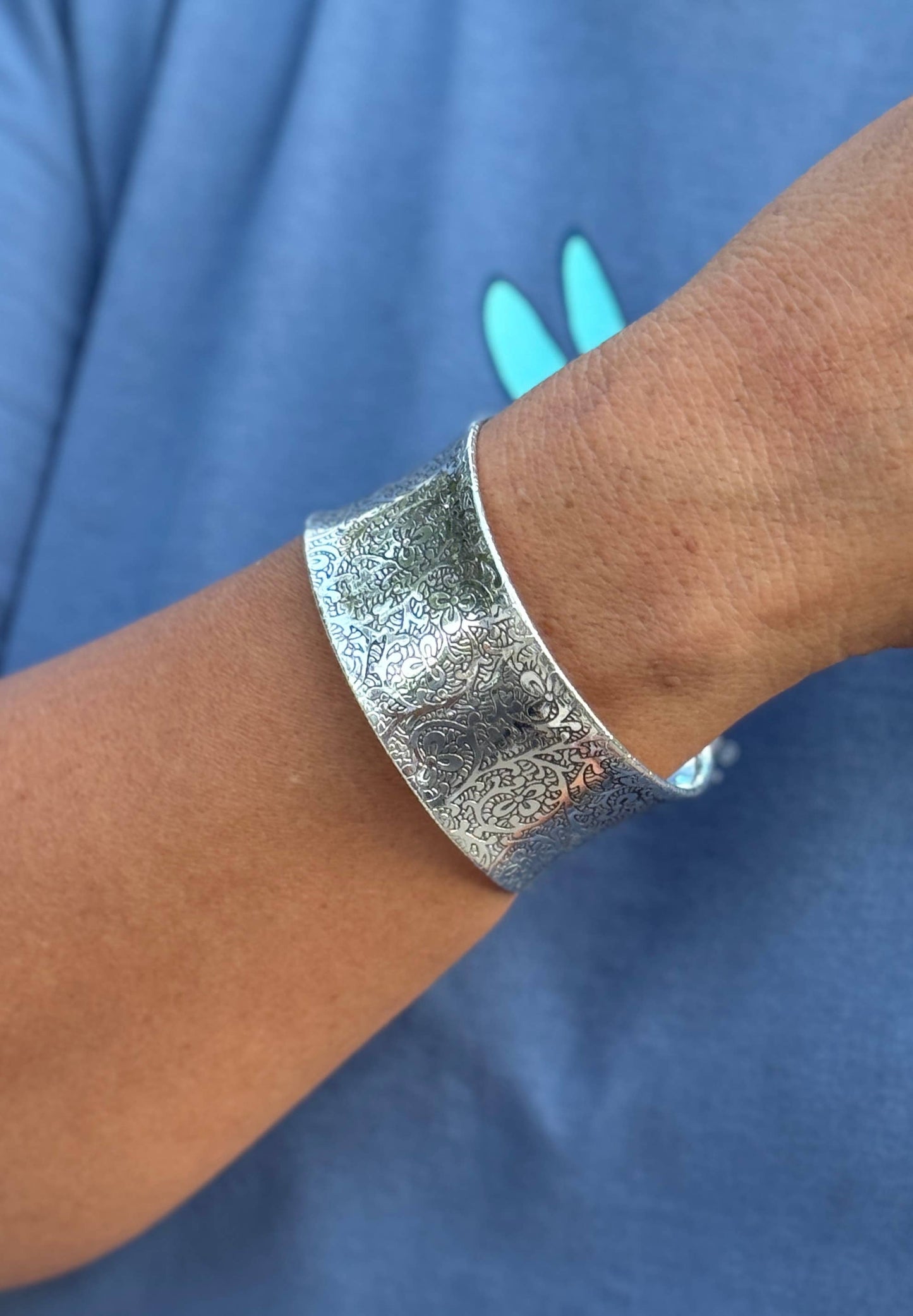 Handcrafted Engraved Floral Cuff Bracelet Bohemian Hippie