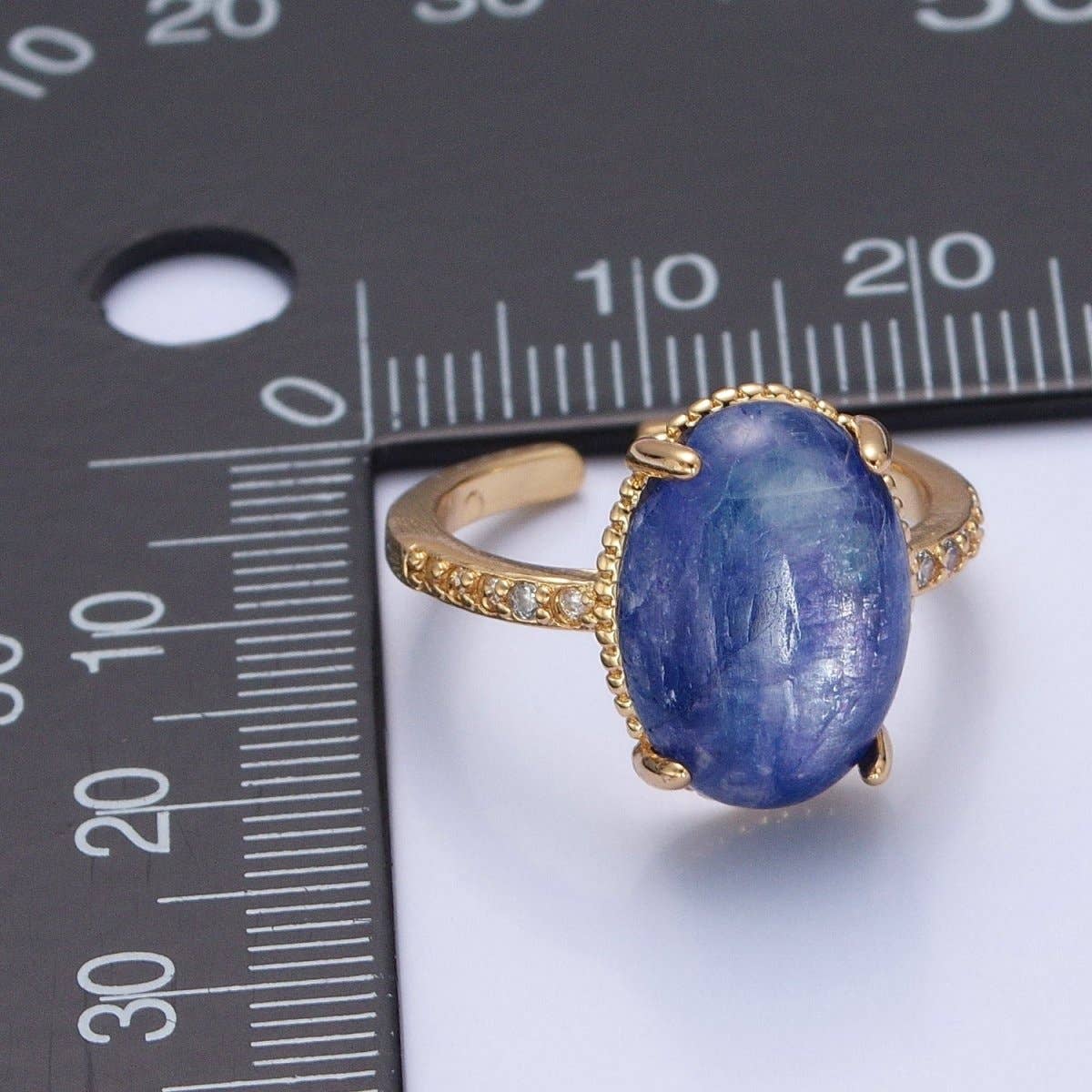24K Gold Filled Oval Blue Lapiz Stone Ring with Micro Pave CZ Band O-2276