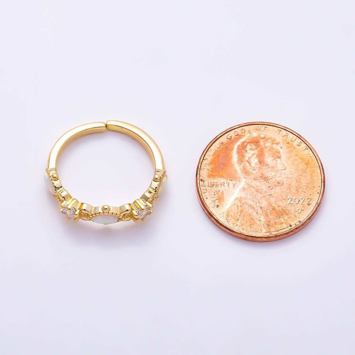 16K Gold Filled Vintage Marquise White Opal & Round Clear CZ Adjustable Pinky Ring | Rings-00381