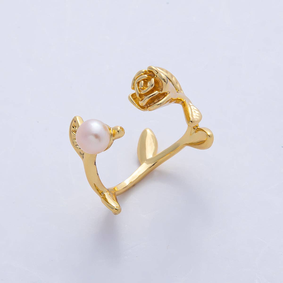 18K Gold Filled White, Pink Shell Pearl Rose Flower Leaf Wrap Ring | O799