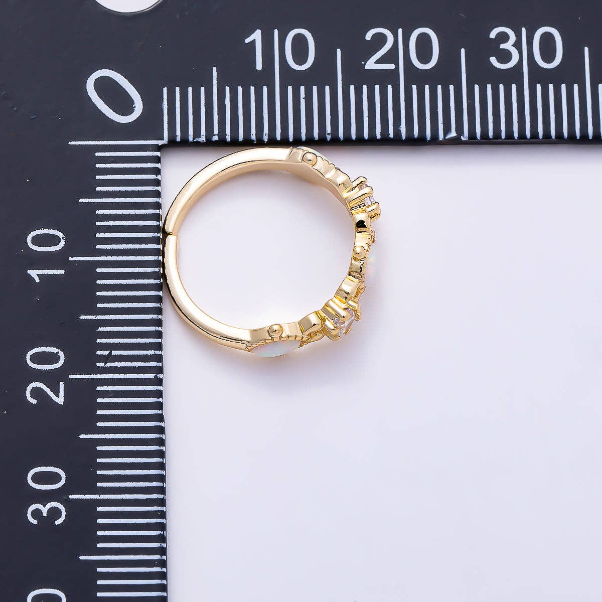16K Gold Filled Vintage Marquise White Opal & Round Clear CZ Adjustable Pinky Ring | Rings-00381