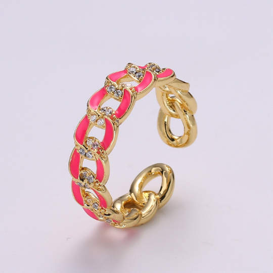 1X CZ Colorful Enamel Rings Gold Curb Chain Statement Ring, Chunky Chain Ring, Stackable Open Adjustable Ring Pink White black Green Yellow
