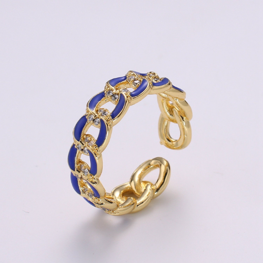 1X CZ Colorful Enamel Rings Gold Curb Chain Statement Ring, Chunky Chain Ring, Stackable Open Adjustable Ring Pink White black Green Yellow