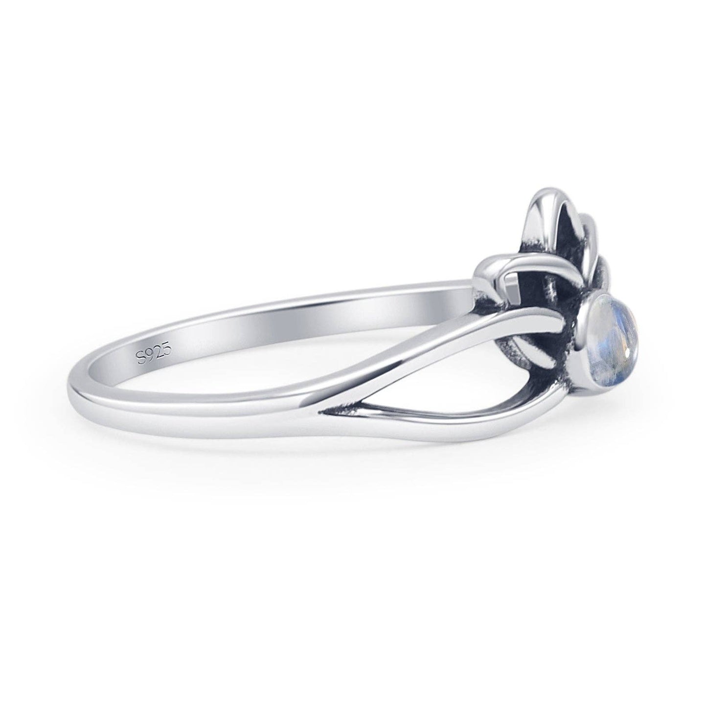 Round Moonstone Lotus Ring Oxidized