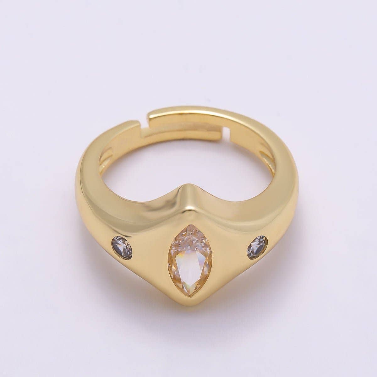 16K Gold Filled Clear Marquise CZ Dotted Chevron Signet Adjustable Ring | Rings-00122