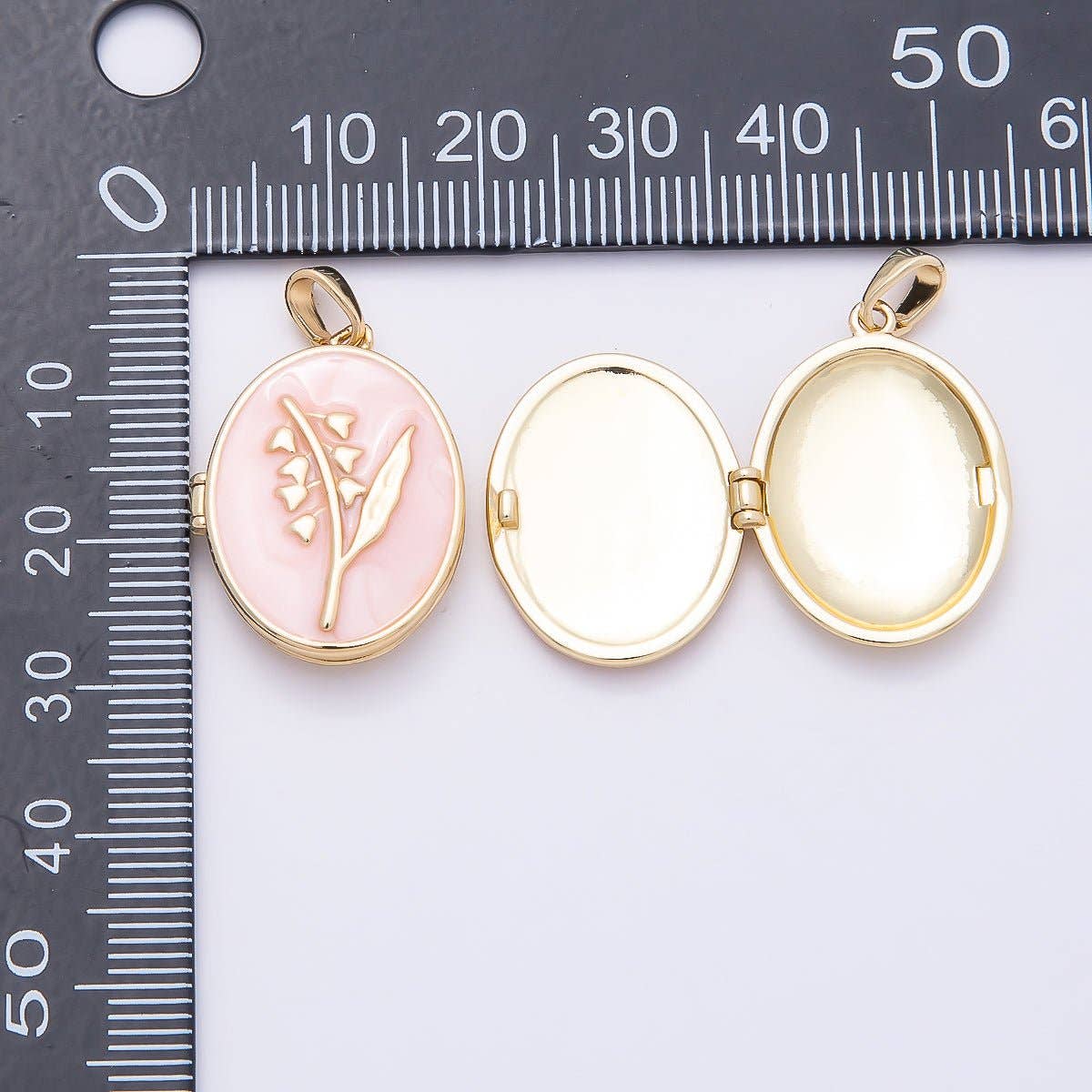16K Gold Filled 24mm Pink, White Glitter Enamel Flower Oval Locket Pendant | Charms-01031 Charms-01032