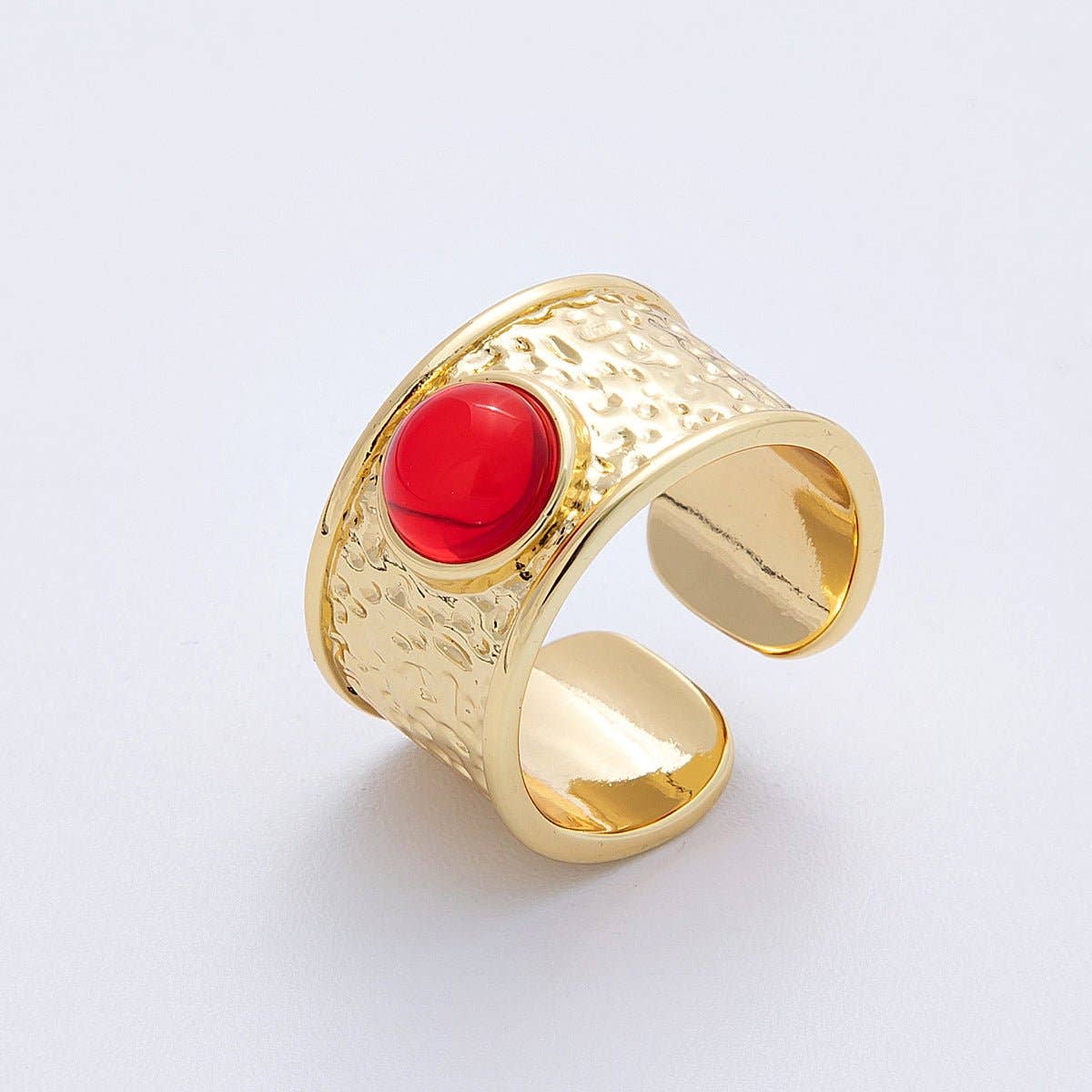 16K Gold Filled Red, Green Cabochon Gemstone Hammered Wide Band Ring | Rings-00023 Rings-00024