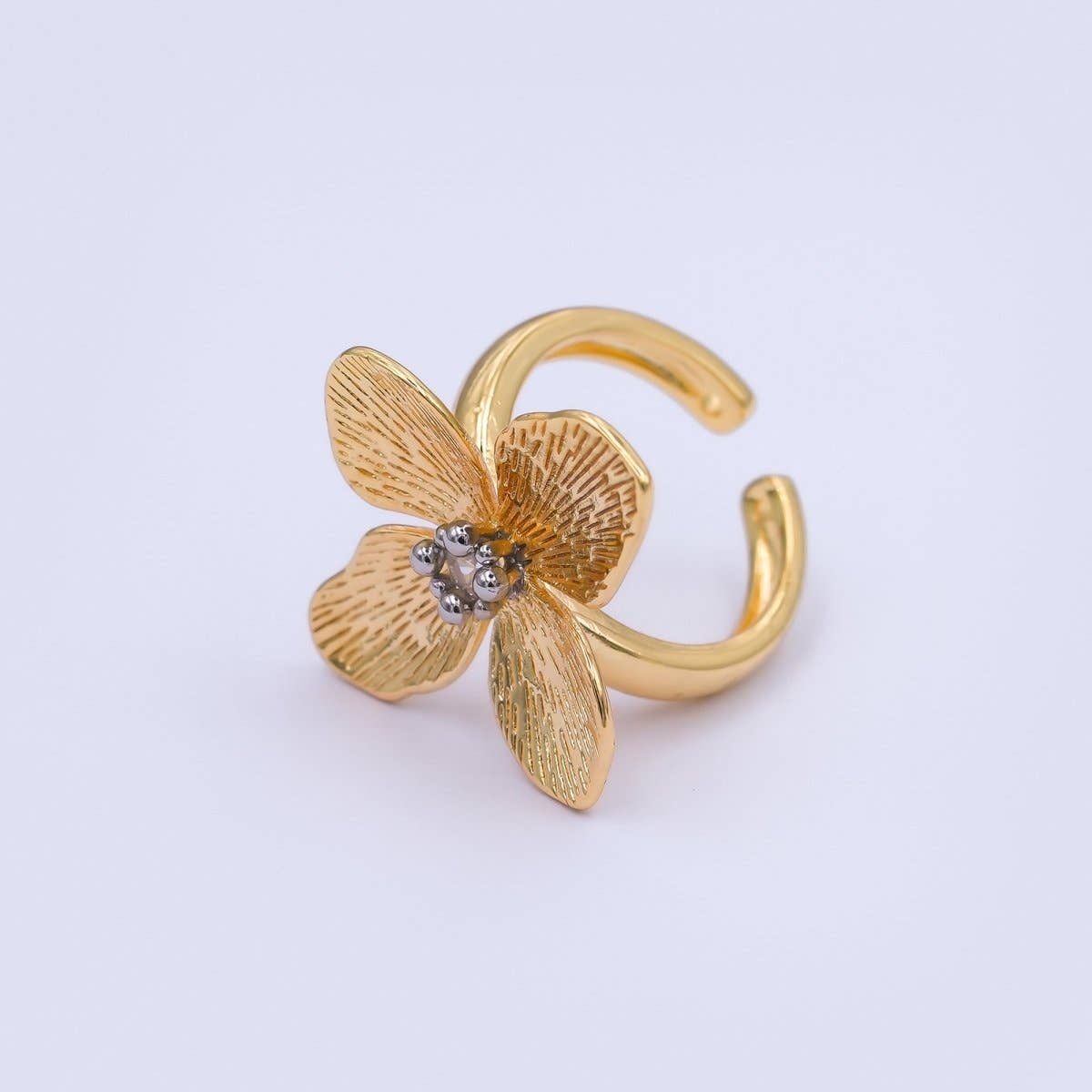 14K Gold Filled Clear CZ Line-Textured Flower Ring | O996