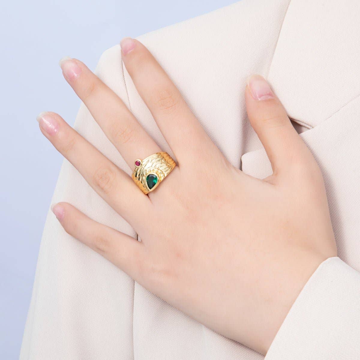 16K Gold Filled Green Fuchsia CZ Textured Wide Band Ring | Rings-00028