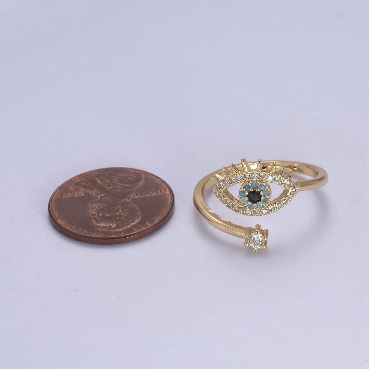 Gold Filled Eye Ring, Evil Eye, CZ Eye Ring Good Luck Open Adjustable Ring