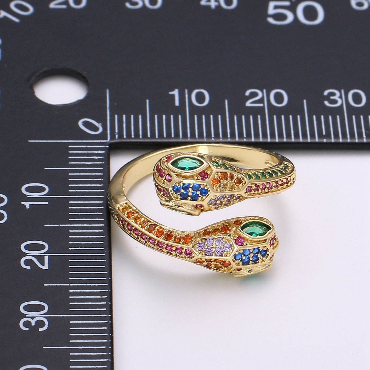 1pc 24k Gold CZ Pave Double Head Snake Ring, Adjustable Gold Snake Ring, Two Heads Serpent Animal Ring, Multi color Stone DIY Jewelry  R313
