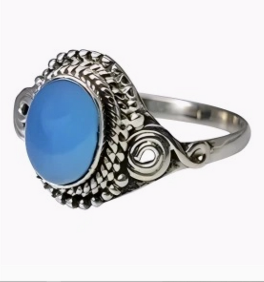 Blue Chalcedony Round Cabochon Ring