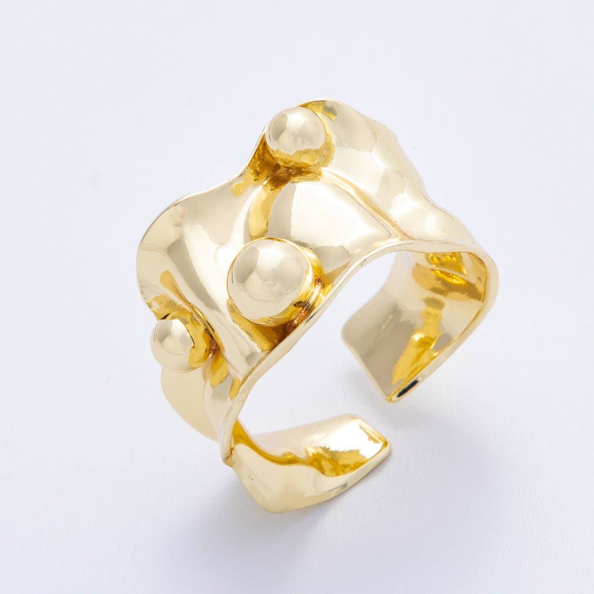 16K Gold Filled Round Ball Hammered Wide Band Ring | Rings-00040
