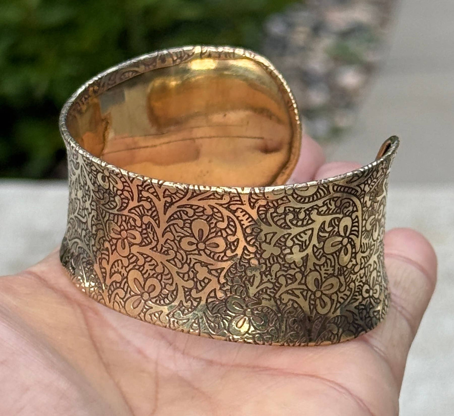 Handcrafted Engraved Floral Cuff Bracelet Bohemian Hippie