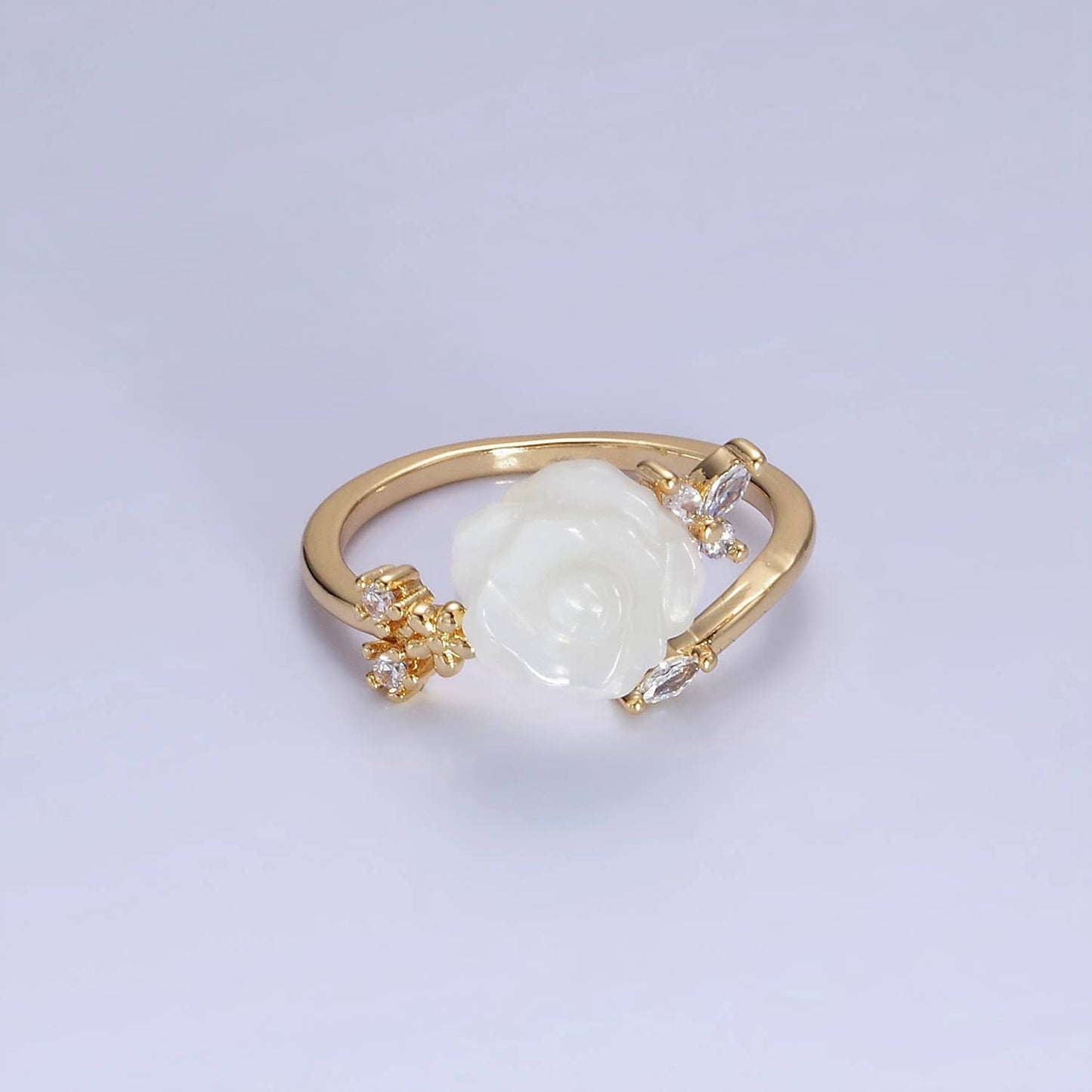 14K Gold Filled Rose Flower Pearl Marquise CZ Leaf Ring