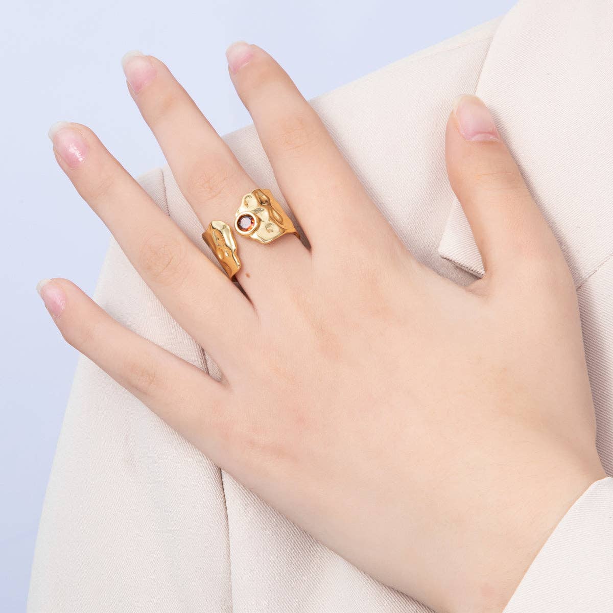 16K Gold Filled Red CZ Hammered Wide Wrap Ring | Rings-00034