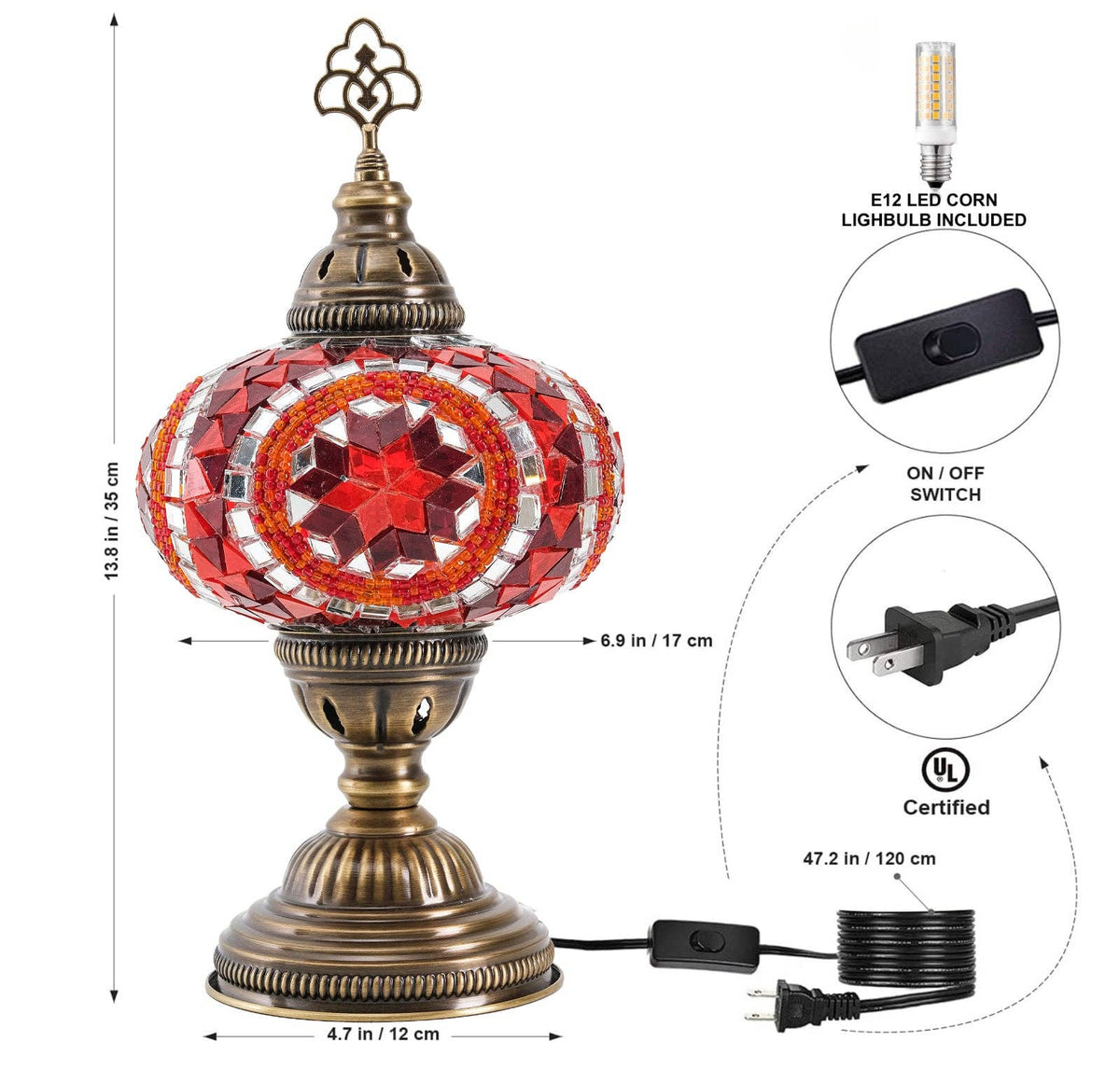 Decorative Table Lamp, Red Orange Turkish Mosaic