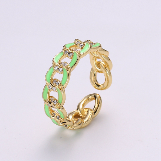 1X CZ Colorful Enamel Rings Gold Curb Chain Statement Ring, Chunky Chain Ring, Stackable Open Adjustable Ring Pink White black Green Yellow