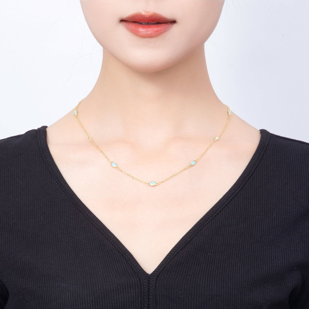 18K Gold Filled 2mm Turquoise Oval Bezel Gemstone Cable Chain 18.5 Inch Necklace | WA-00284