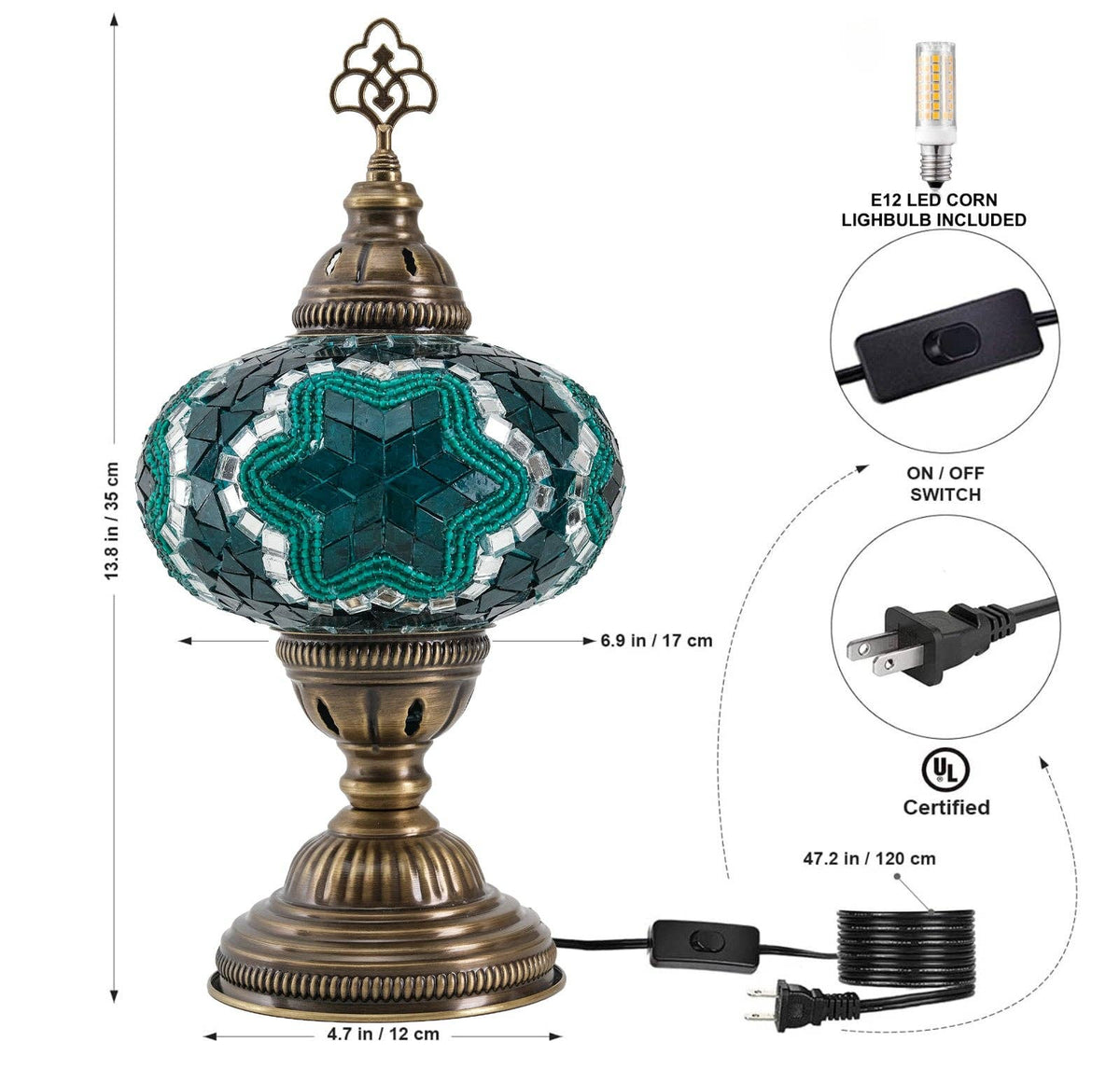 Green Mosaic Table Lamp, Handmade Turkish Accent Light