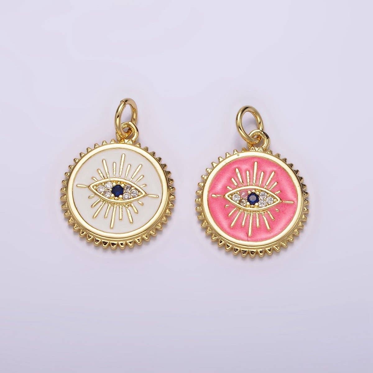 14K Gold Filled White, Pink Evil Eye Blue CZ Spiked Outline Round Charm | AG414 AG415