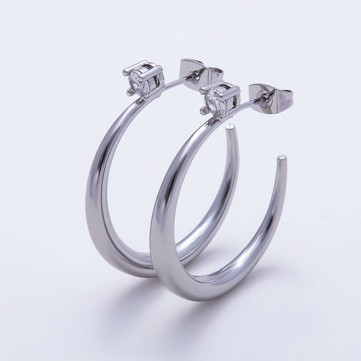 16K Gold Filled 33mm Solitaire CZ Open C- Hoop Earrings in Gold & Silver | Earrings-00811 - Earrings-00812