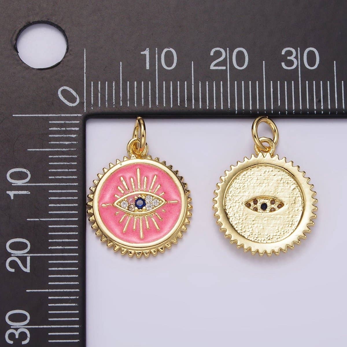 14K Gold Filled White, Pink Evil Eye Blue CZ Spiked Outline Round Charm | AG414 AG415