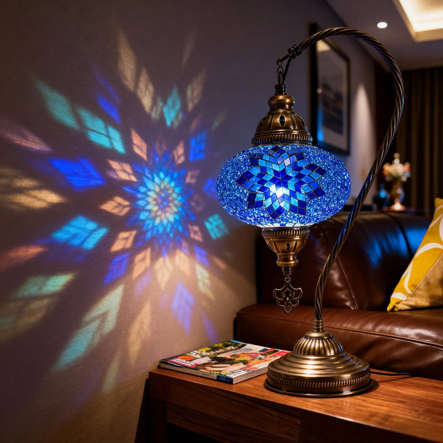 Handmade Turkish Mosaic Swan Table Lamp Blue