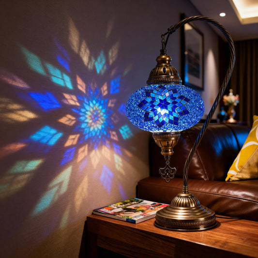 Handmade Turkish Mosaic Swan Table Lamp Blue