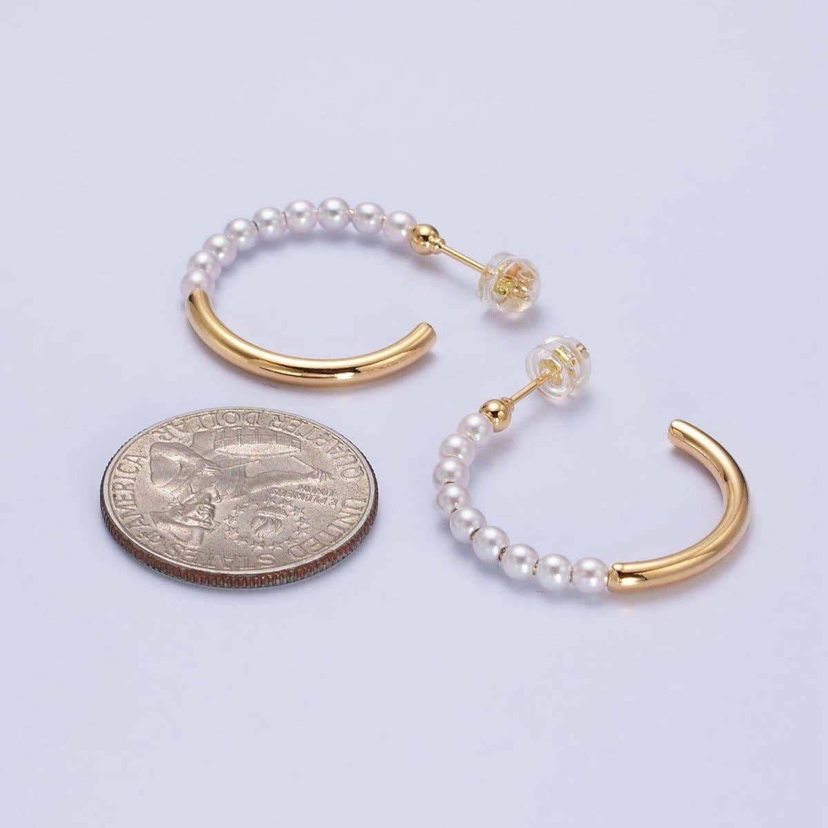 16K Gold Filled 25mm Half Pearl Hoop Earrings in Gold & Silver | AB366 AB367