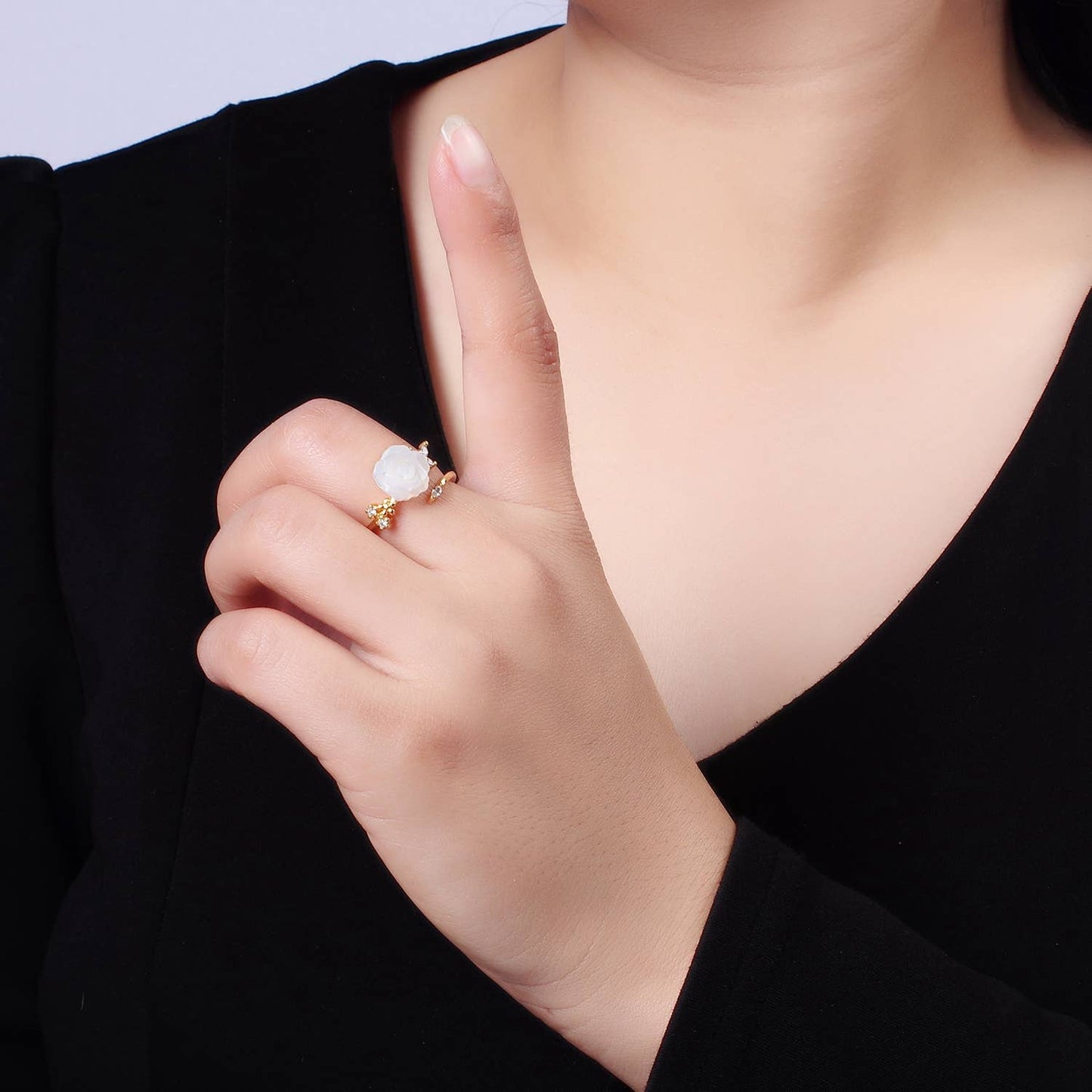 14K Gold Filled Rose Flower Pearl Marquise CZ Leaf Ring