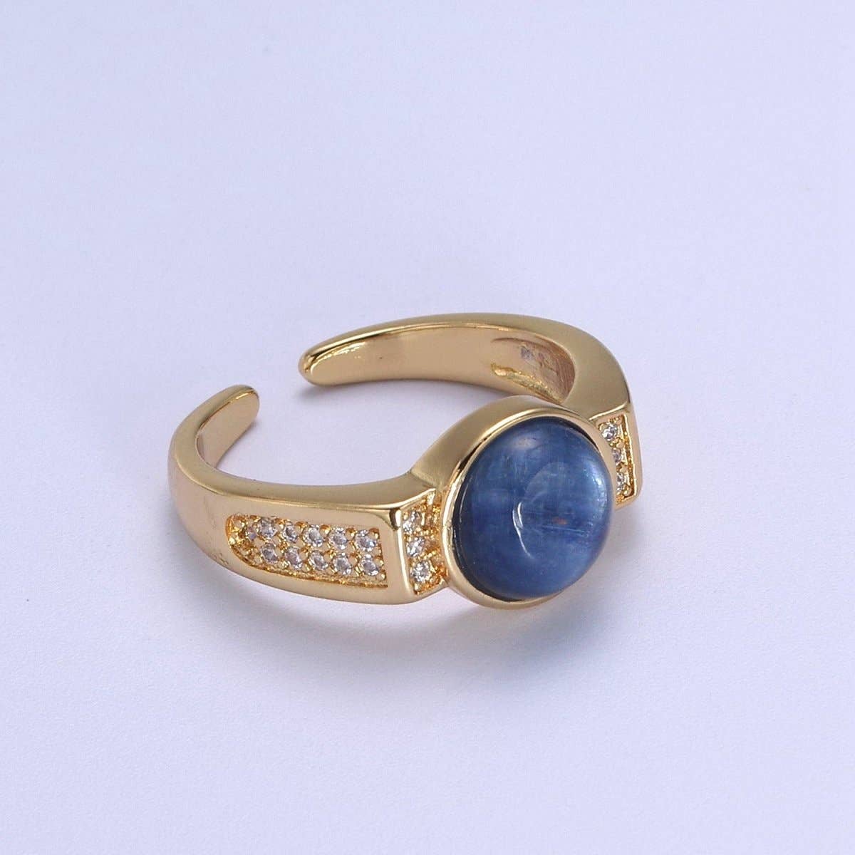 24K Gold Filled Blue Kyanite Gemstone Micro Paved CZ Signet Ring | U372