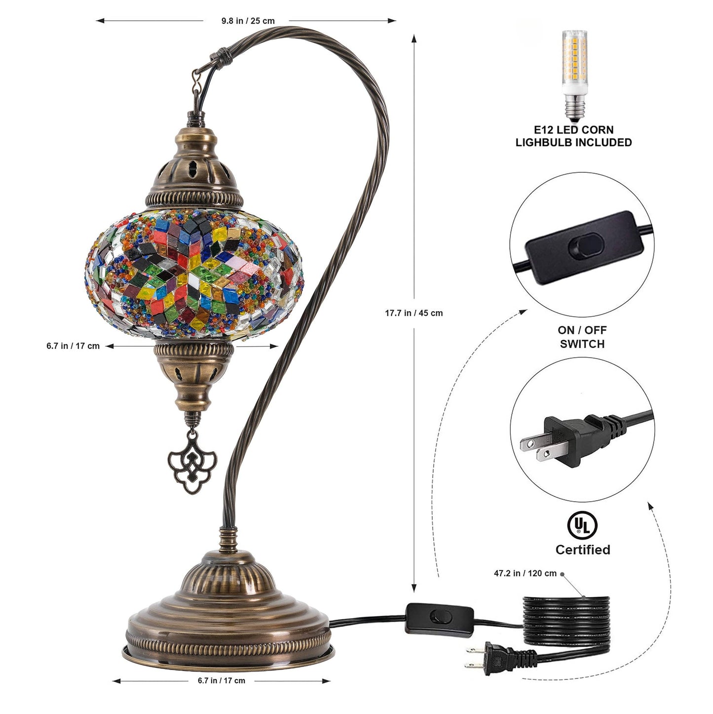 Handmade Turkish Mosaic Swan Table Lamp Multicolor