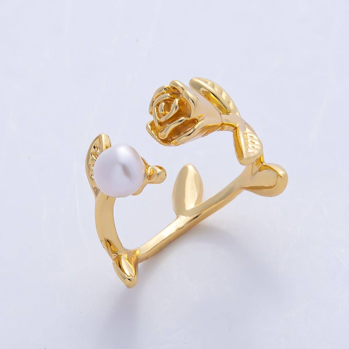 18K Gold Filled White, Pink Shell Pearl Rose Flower Leaf Wrap Ring | O799