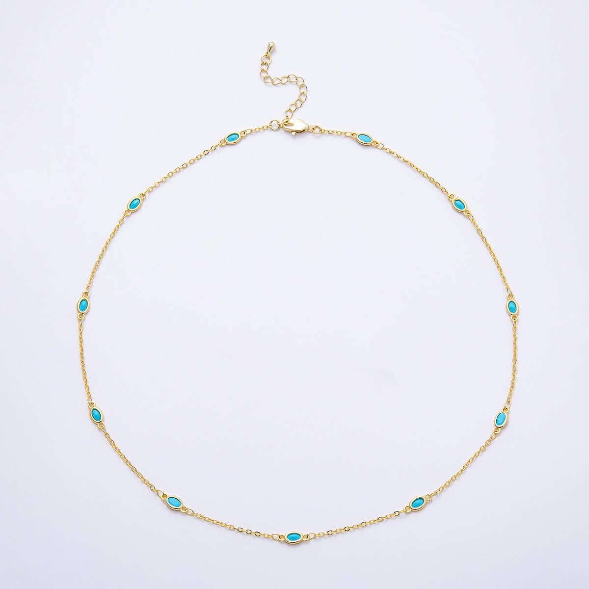 18K Gold Filled 2mm Turquoise Oval Bezel Gemstone Cable Chain 18.5 Inch Necklace | WA-00284