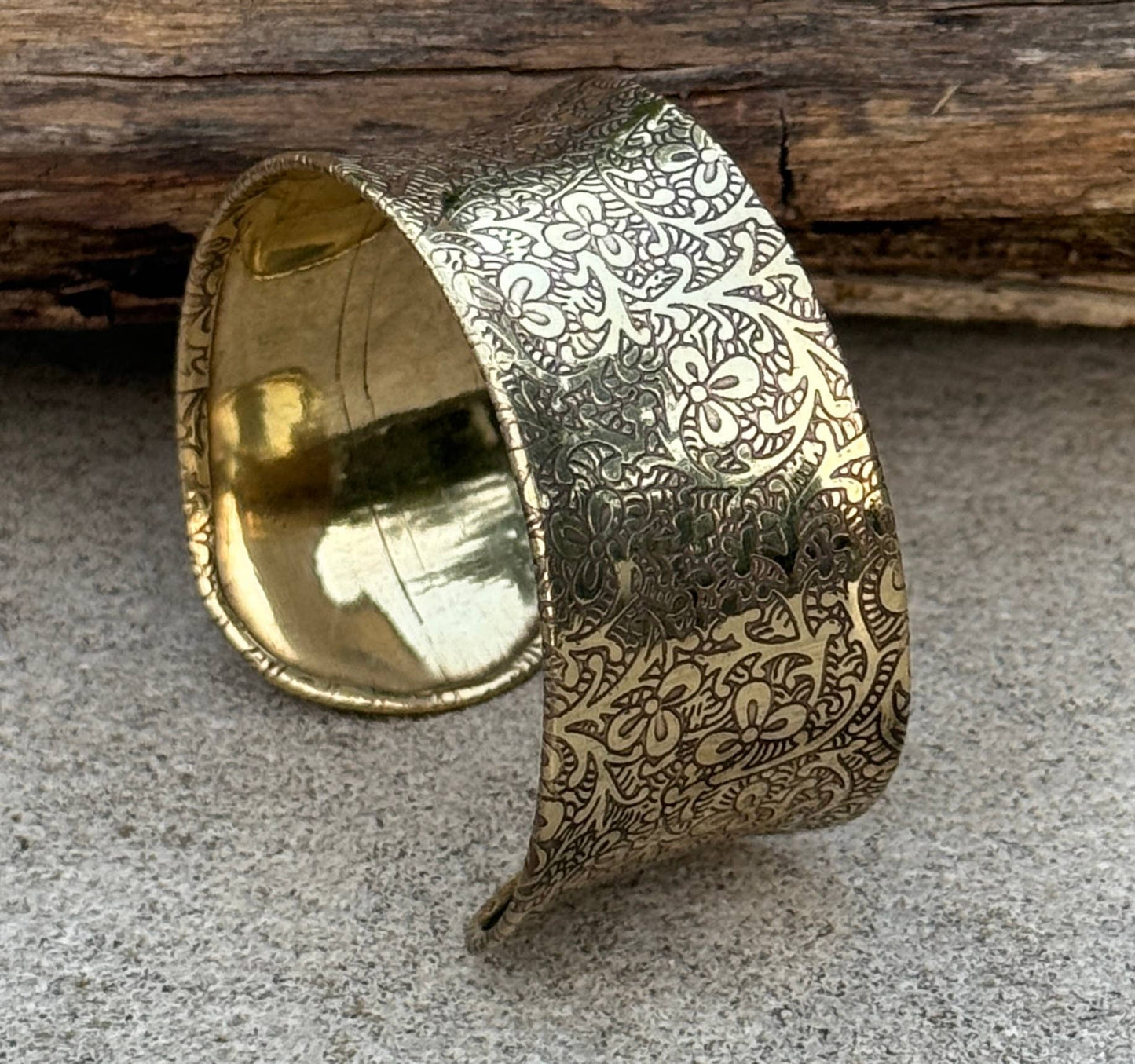 Handcrafted Engraved Floral Cuff Bracelet Bohemian Hippie