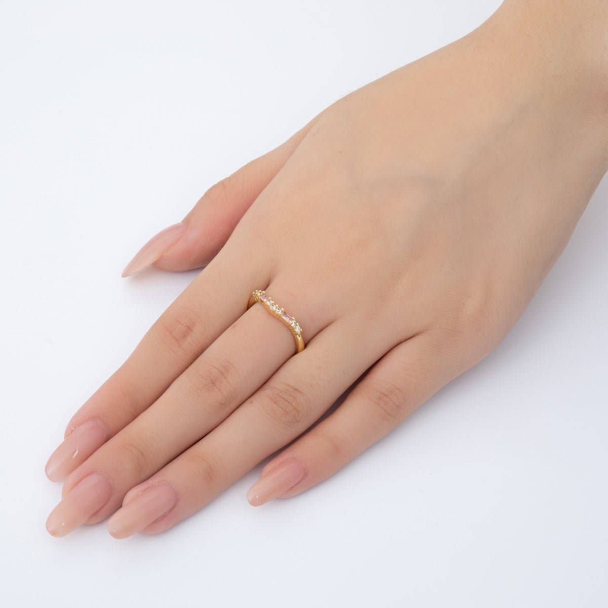 18K Gold Filled Dainty Clear, Pink Baguette Lined CZ Cluster Curved Adjustable Ring | O-2189