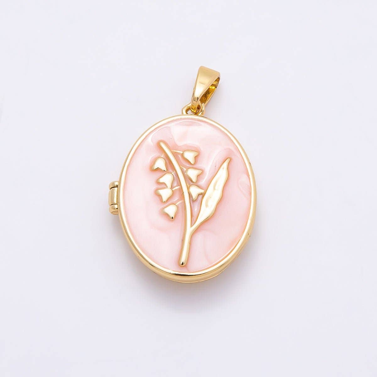 16K Gold Filled 24mm Pink, White Glitter Enamel Flower Oval Locket Pendant | Charms-01031 Charms-01032