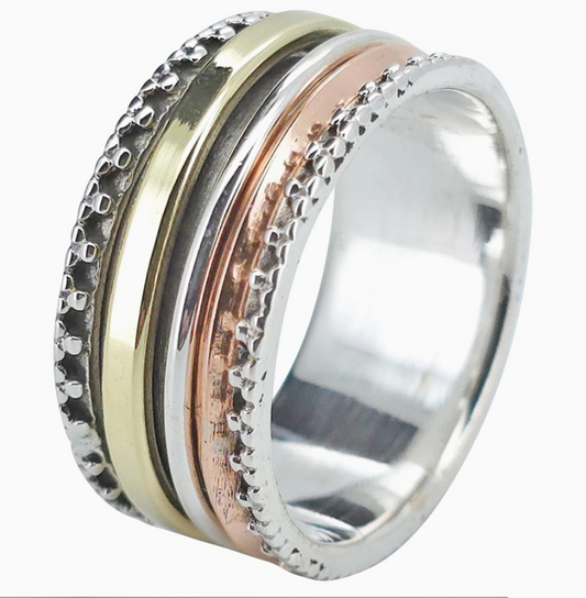 Fidget Ring, Silver with Brass and Copper Spinners