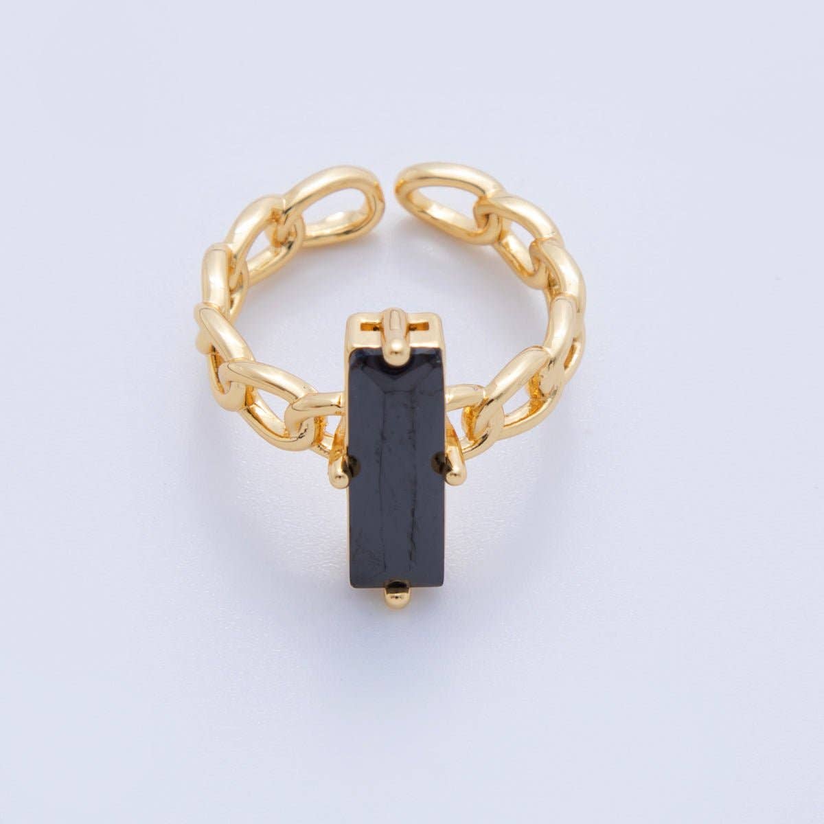 18K Gold Filled Black Baguette CZ Curb Band Solitaire Ring | O1838