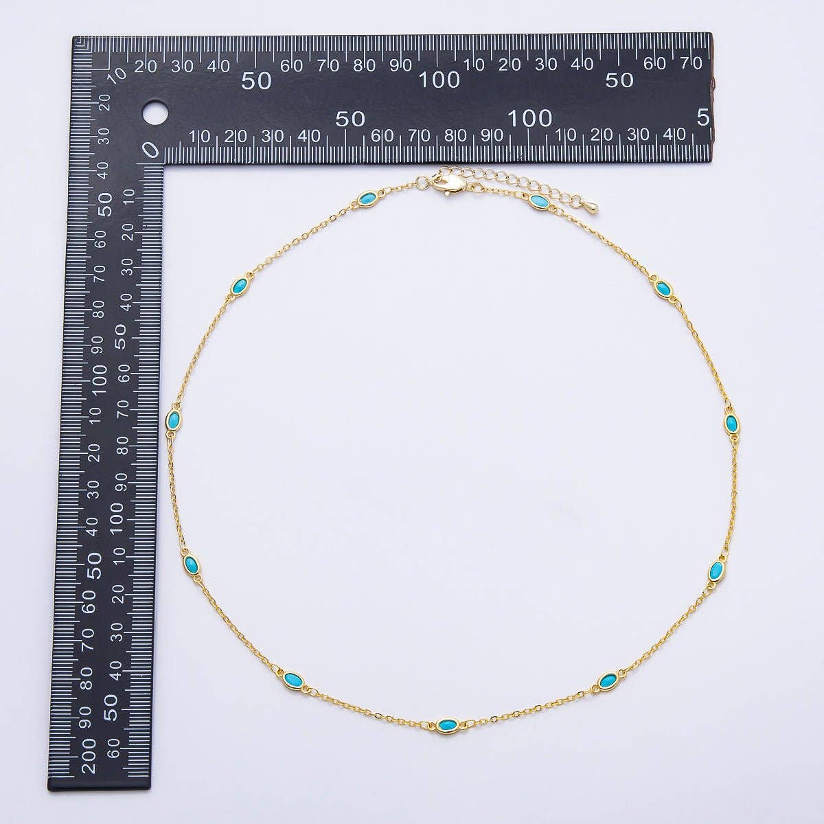 18K Gold Filled 2mm Turquoise Oval Bezel Gemstone Cable Chain 18.5 Inch Necklace | WA-00284