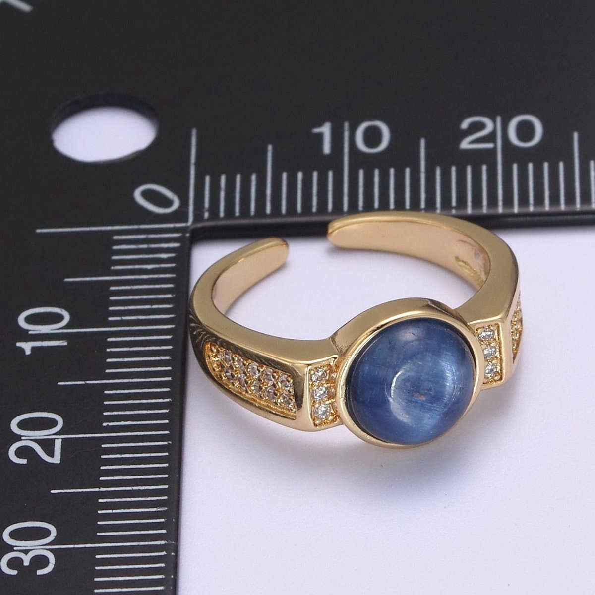 24K Gold Filled Blue Kyanite Gemstone Micro Paved CZ Signet Ring | U372
