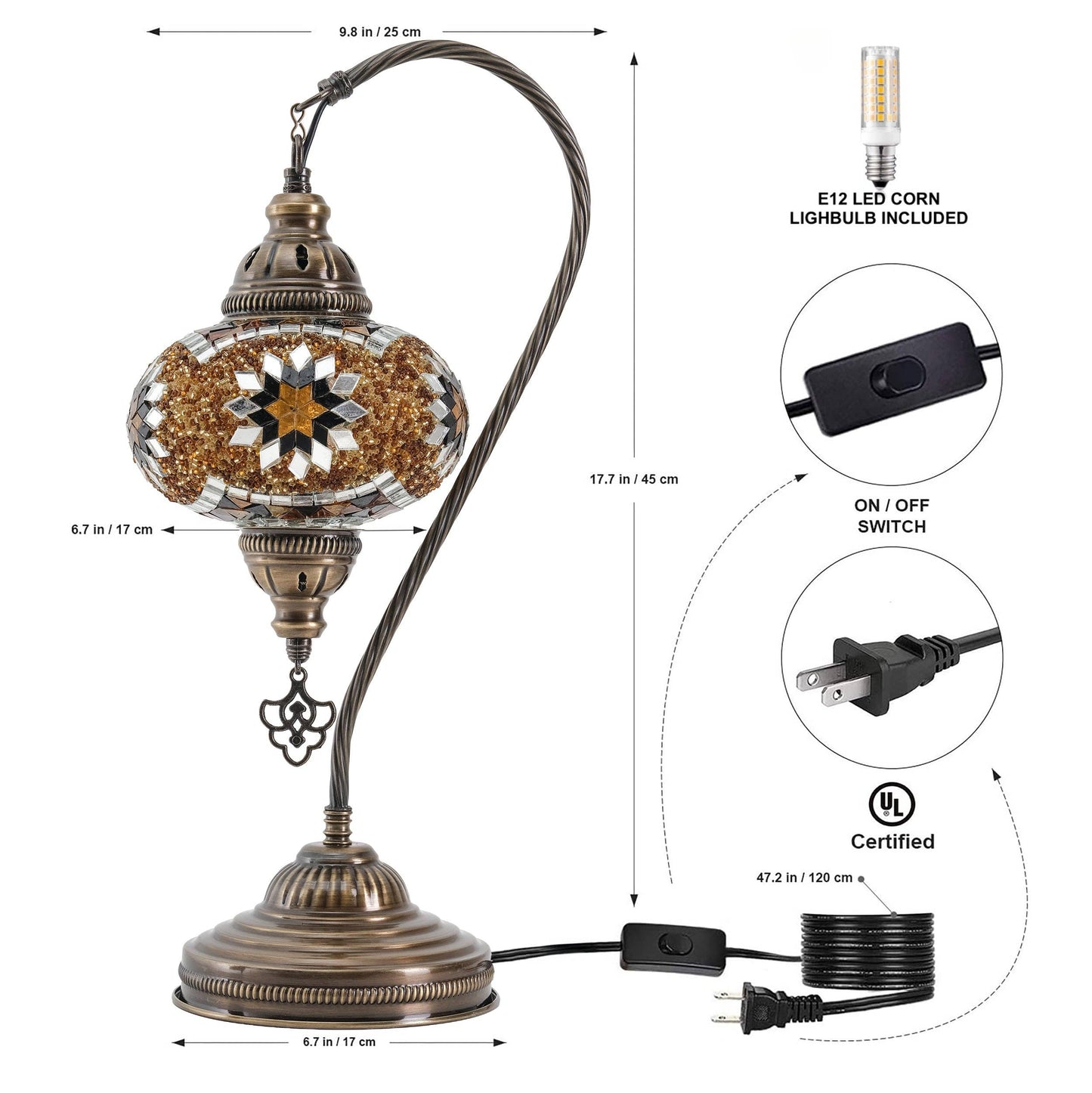 Mozaist Handmade Turkish Mosaic Swan Table Lamp Brown