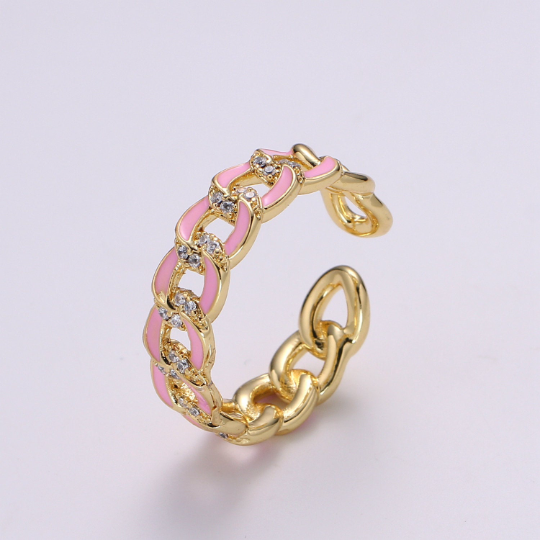 1X CZ Colorful Enamel Rings Gold Curb Chain Statement Ring, Chunky Chain Ring, Stackable Open Adjustable Ring Pink White black Green Yellow