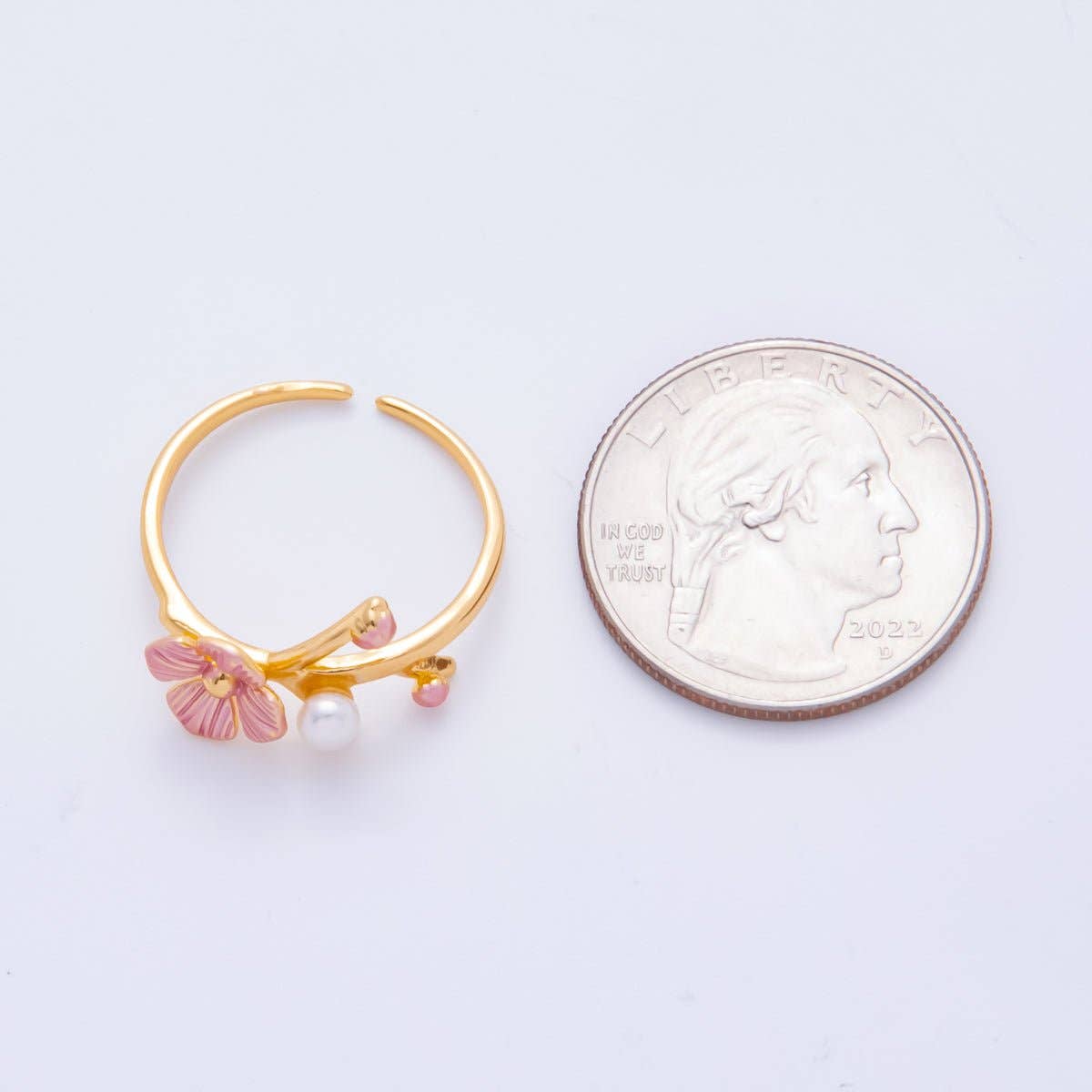 18K Gold Filled Pink Enamel Sakura Flower with Shell Pearl Adjustable Ring | O-032