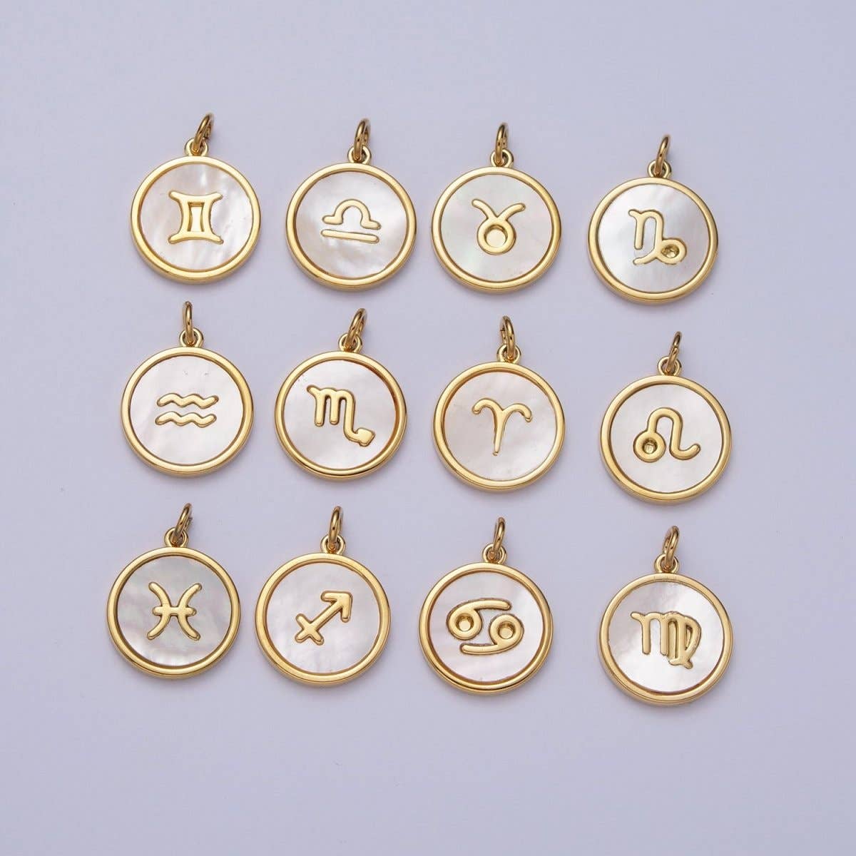 24K Gold Filled Zodiac Signs Shell Pearl Round Coin Charm Astrology Jewelry Making | A-A1367-A-A1372