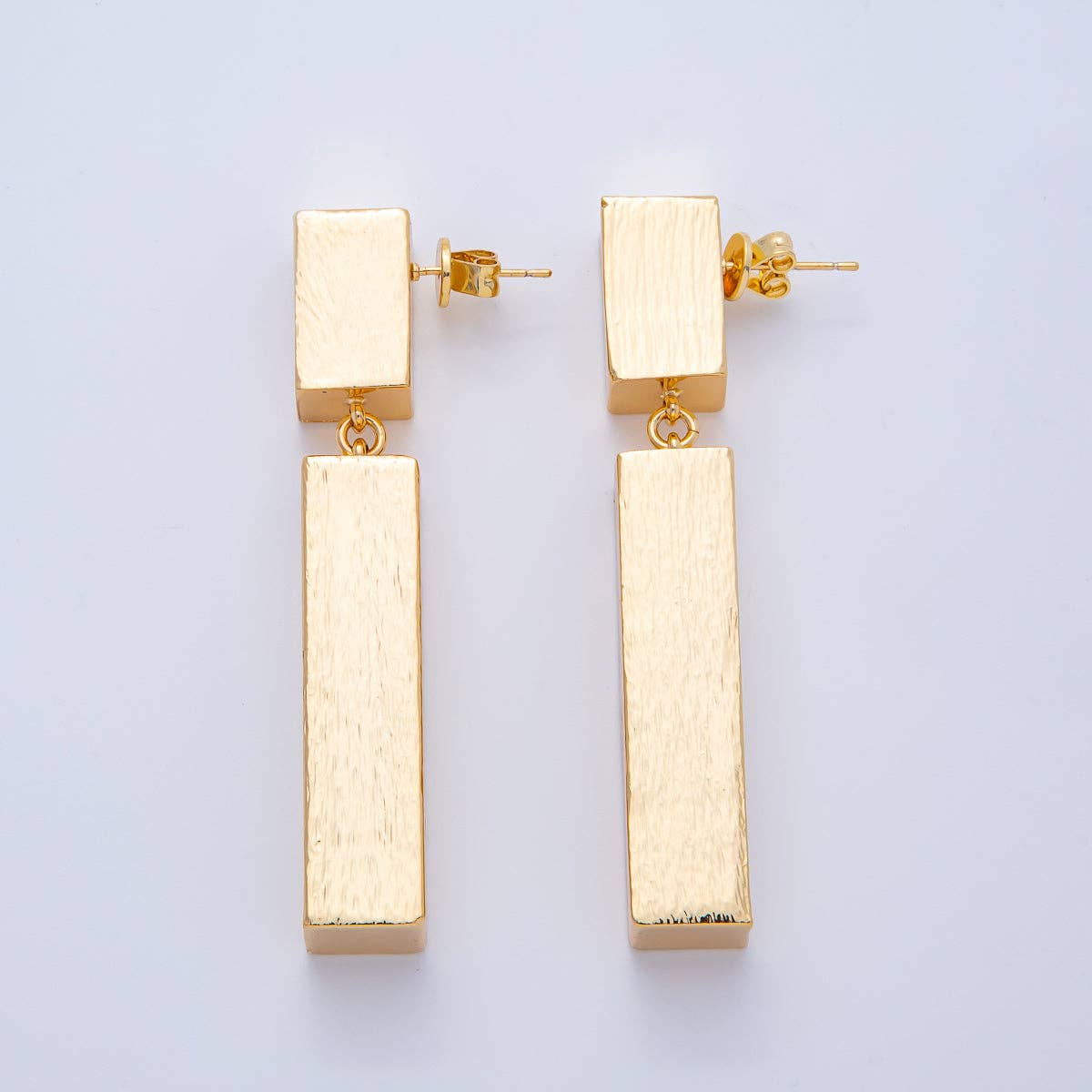 18K Gold Filled 64mm Textured Tube Geometric Drop Stud Earrings | AE314